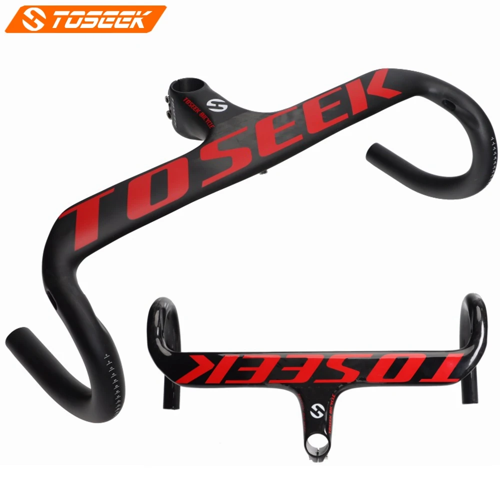 

TOSEEK Full UD Carbon Road Bike Handlebar Integrated Bicycle Handlebar Stem Bent Bar 400/420/440mm Matte Gloss Red Logo 325g