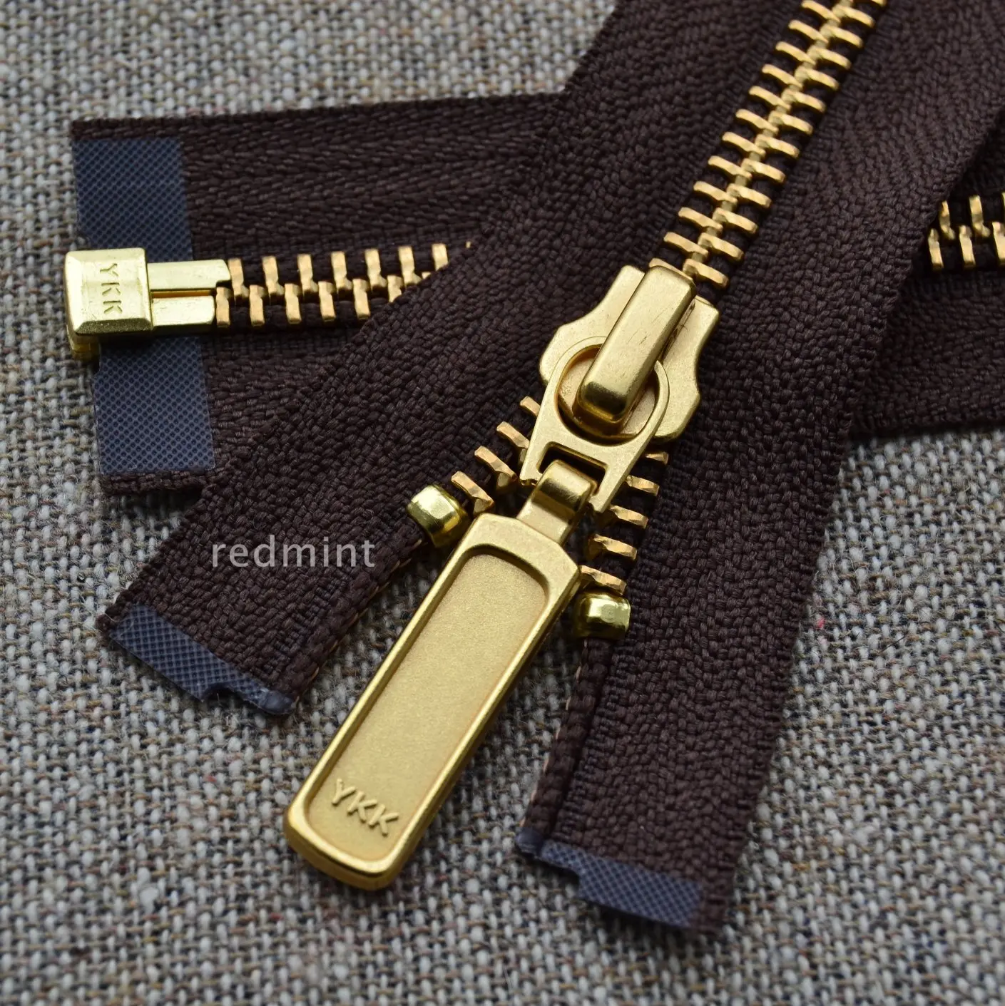 5 gold and copper open end brown ykk metal zipper garment cardigan