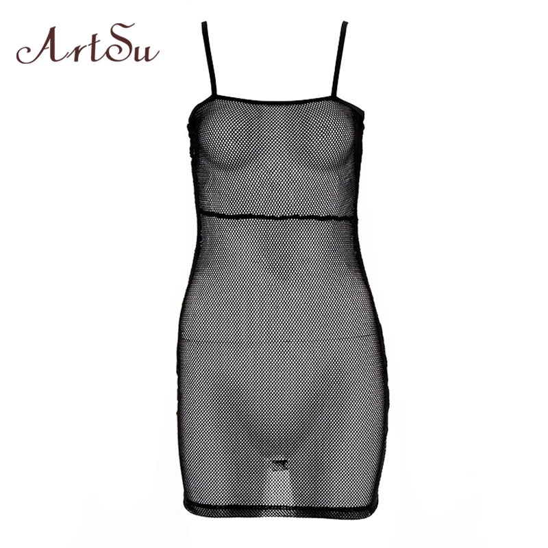 

ArtSu Summer Beach Mesh Dress Sexy Sleeveless Backless Bodycon Mini Dresses Ladies See Through Sundress Black White ASDR22128