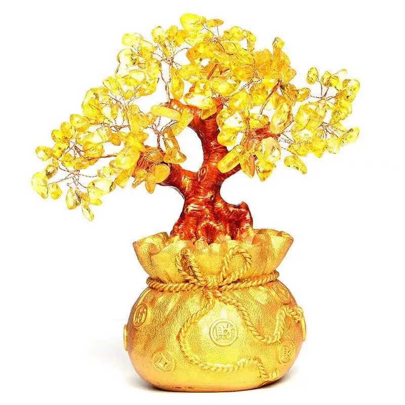 Счастливое денежное дерево милый цитрин желтый кристалл драгоценный камень дерево золотой для украшения дома