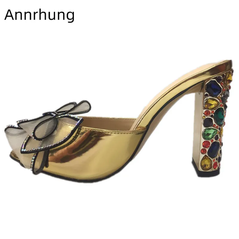 

Lace Butterfly-Knot Slippers Women Crystal Jewelled High Heels Sexy Peep Toe Slingback Shoes Gold Patent Leather Slides Mujer