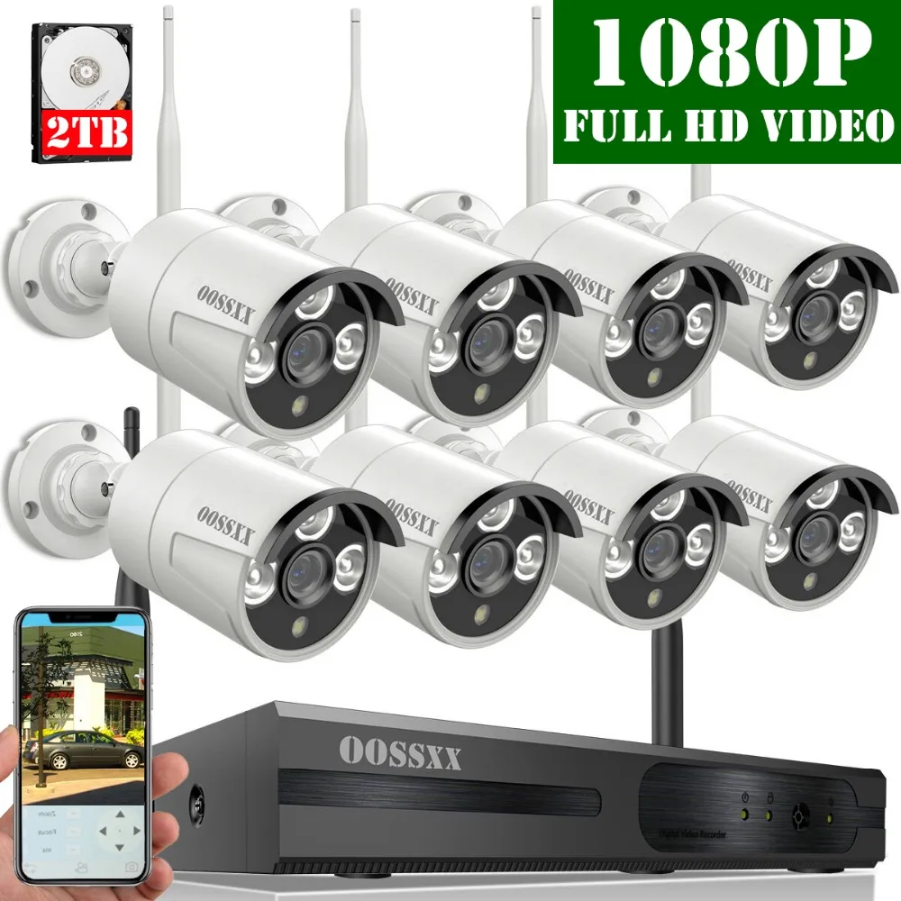 

OOSSXX 8CH 1080P Wireless NVR Kit Wireless CCTV Camera System 2.0MP Indoor Outdoor IP66 IP Camera P2P Video Surveillance System