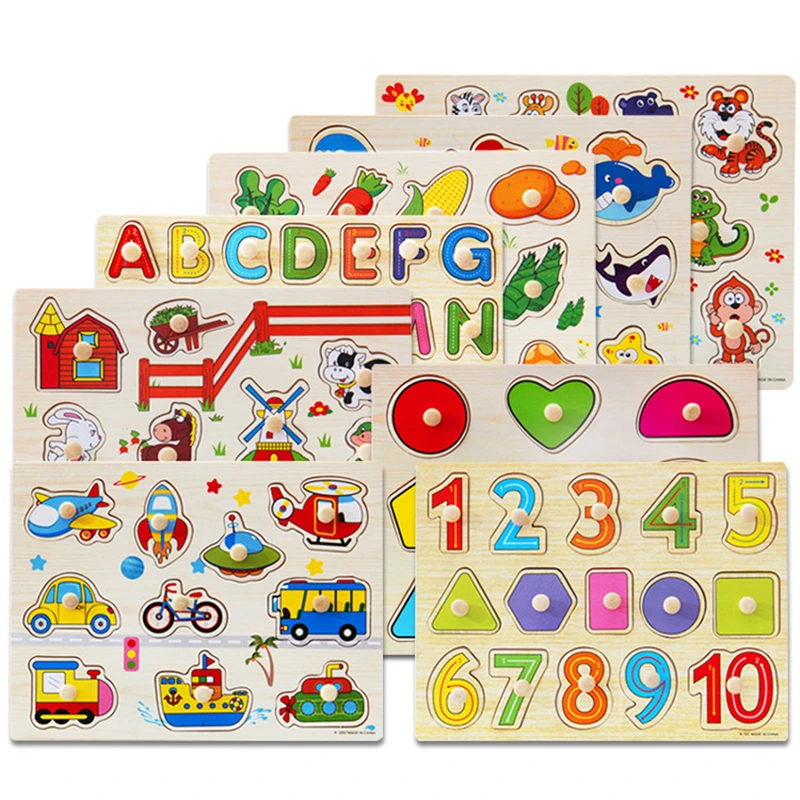Early Educational Montessori Wooden Puzzle Hand Grab Board Jigsaw Baby Toys