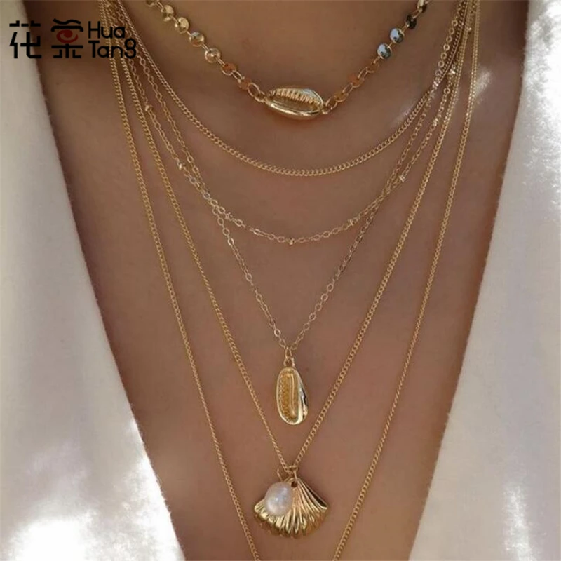 

HuaTang New Trendy Gold Sequin Shell Scallop Pearl Pendant Necklaces for Women Girl Multi-layer Necklaces Beach Jewelry C19408