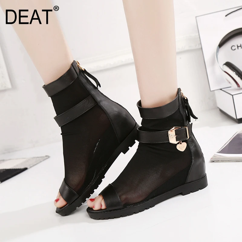 

[DEAT] 2019 New Spring Summer Round Toe Zipper Mesh Pu Leather Wedges High Heels Single Shoes Women Boots Fashion Tide 10A620
