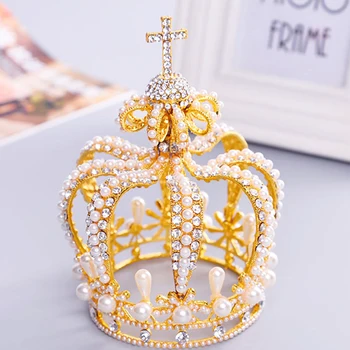 

New Tall Royal Wedding Tiara Bridal Pageant Beauty Pearl Crown Tiaras Contest Rhinestone Tiara Rose gold color Full Crown T-042
