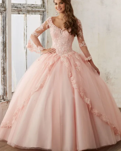Princess Blush Quinceanera Dresses Feminine Bell Long Sleeves Lace