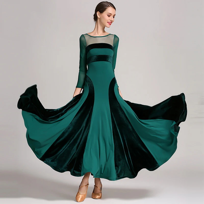 Платья для конкурса бальных танцев современный вальс фламенко танцевальная одежда для женщин высокое качество с длинным рукавом вельветовое платье DNV11489
