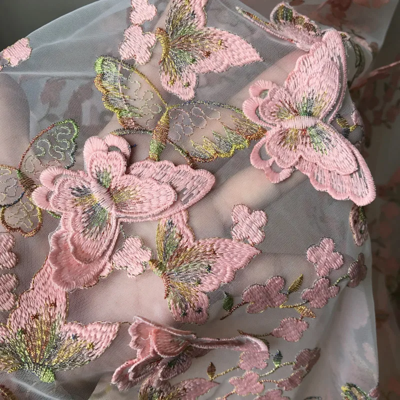 1 ярд Изысканная 3D кружевная вышивка бабочки ткань розовая золотая нить свадебное платье свадебные ткани тюль ткань DIY платье материал
