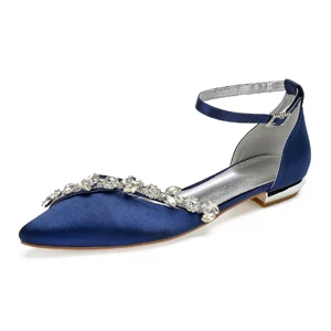 Creativesugar/женские туфли на плоской подошве с острым носком; вечерние модельные туфли с ремешком на щиколотке; туфли на плоской подошве для свадебной вечеринки, выпускного бала - Color: Navy blue
