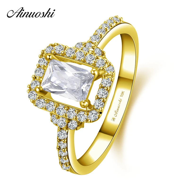 

AINUOSHI 10k Solid Yellow Gold Rectangle Halo Ring 0.6ct Emerald Cut SONA Diamond Ring Wedding Engagement Jewelry Bridal Band