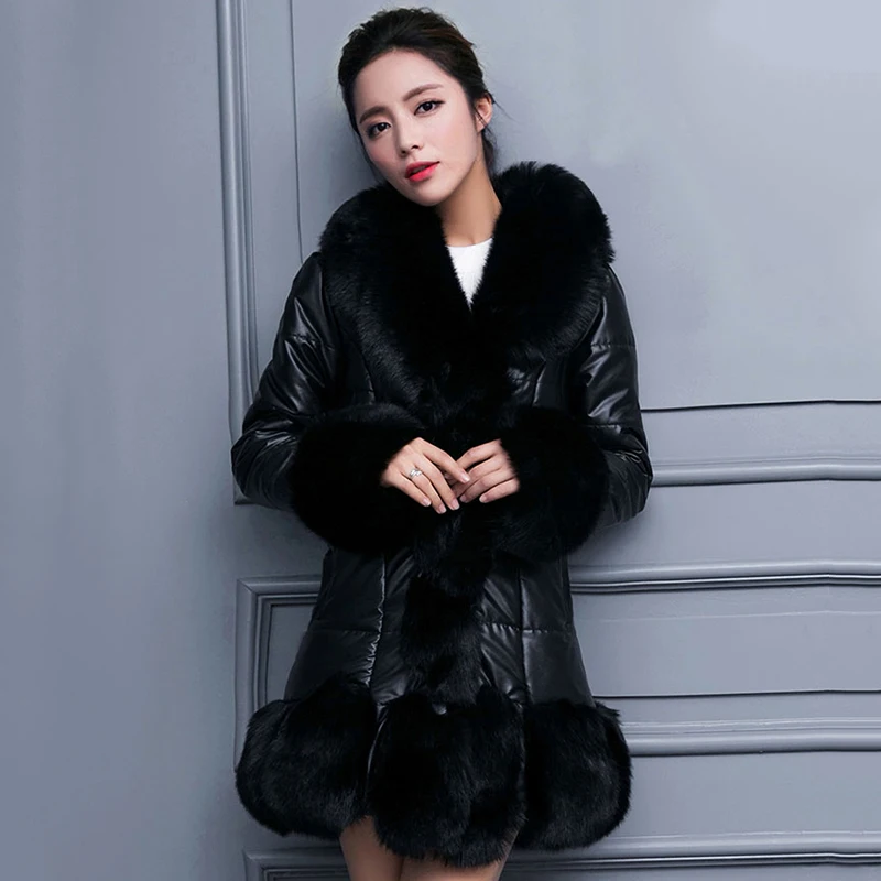 Женское зимнее пальто из искусственного меха с длинным рукавом, тонкое пальто, теплое мягкое пальто с воротником из лисьего меха, верхняя одежда черного и белого цвета, Femininos - Цвет: black