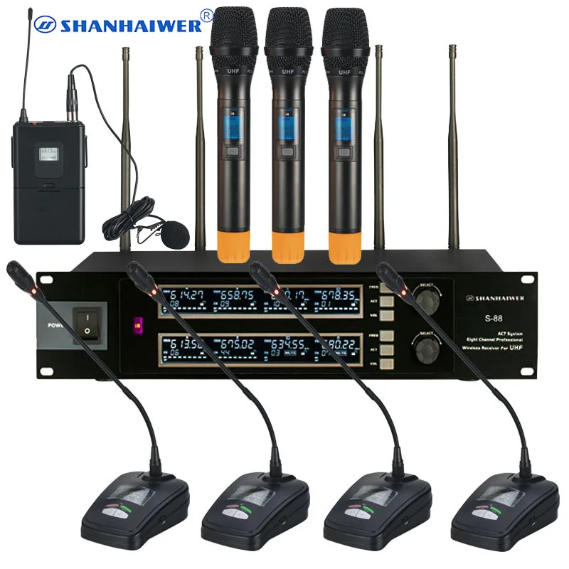 Multi function 8 Channels professional UHF wireless microphone system with gooseneck megaphone