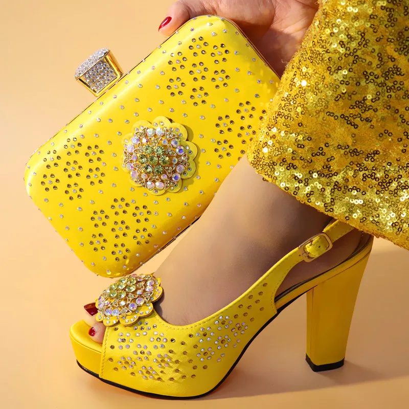 

New Arrival Yellow Color African Matching Shoes and Bags Italian In Women Matching Shoes and Bag Set In Heels High Quality Shoes