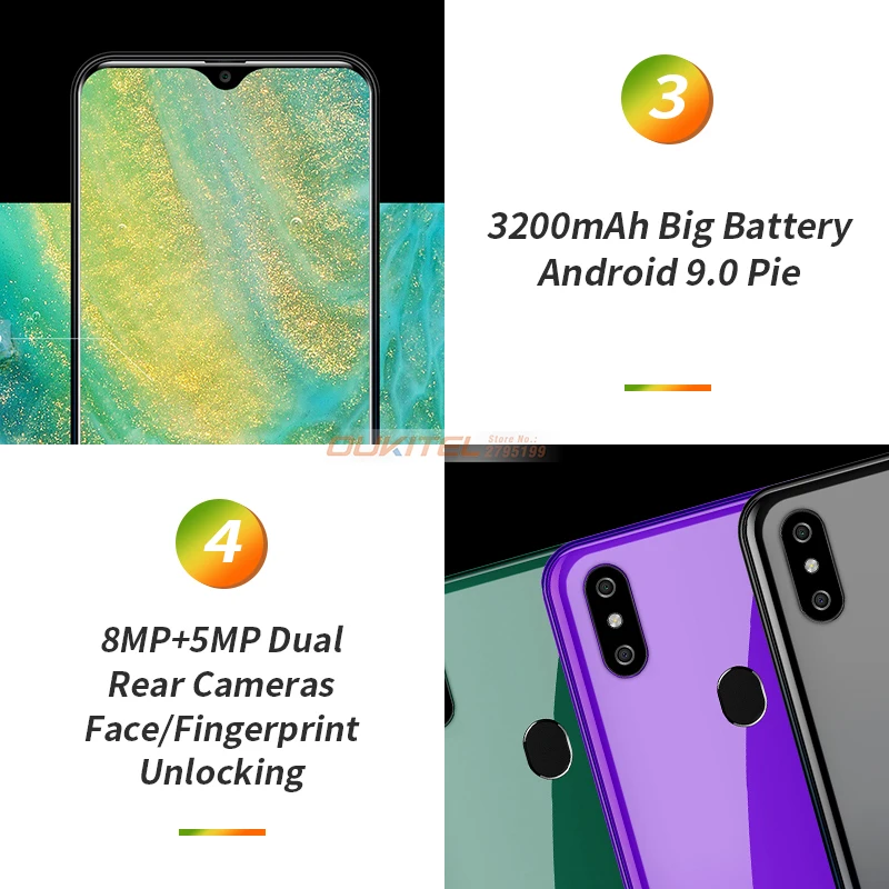 OUKITEL C15 Pro 2GB 16GB Android 9.0 MT6761 Mobile Phone Water Drop Screen Smartphone 4G LTE  2.4G/5G WiFi Fingerprint Face ID