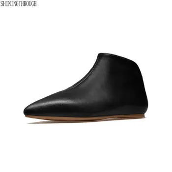 

100% Genuine Leather Women Basic flat Ankle Boots woman Autumn spring flats Shoes poined Toe Elegant Shoes Woman Office Pumps
