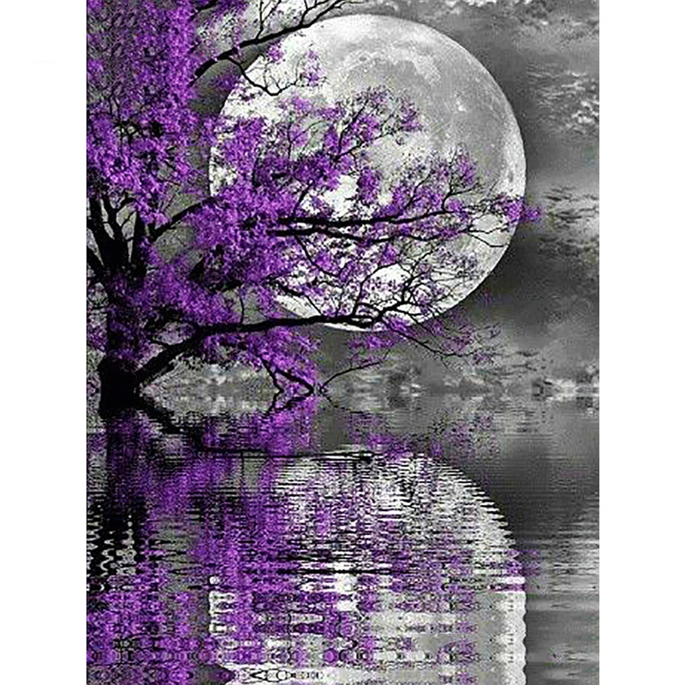 

Diamond Embroidery Landscape Full Diamond Mosaic Purple Tree Moon With Square/Round Stones Picture Of Rhinestones Diamond Art