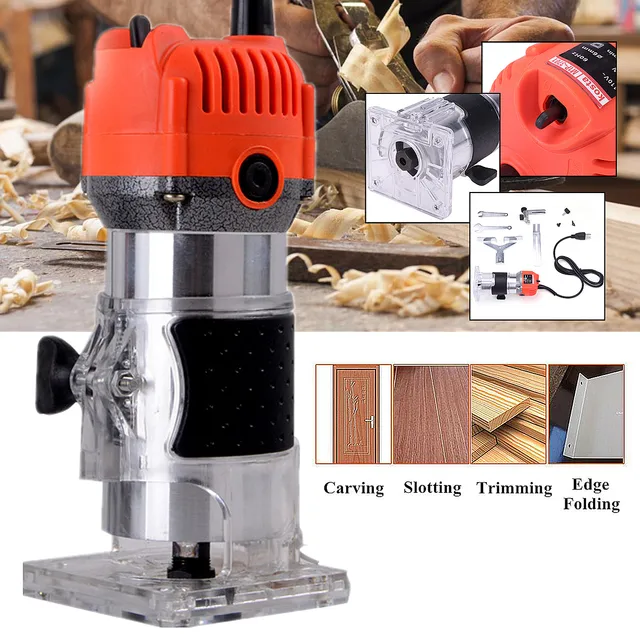 110V 750W 1/4″ 60HZ 30000r/min Corded Electric Hand Trimmer Wood Laminator Router Joiners Tools External Carbon Brush Lift Knob