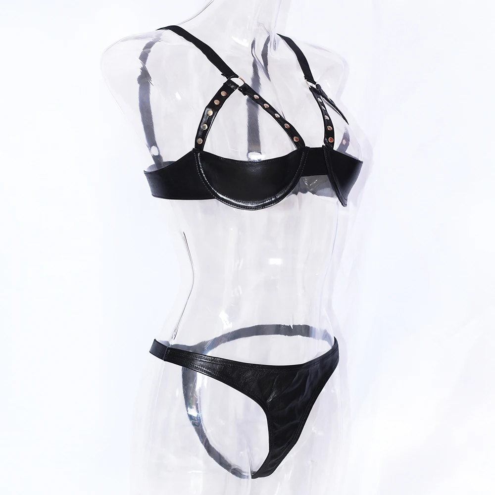 Lingerie Bra Set Sex Babydoll Exotic Apparel Black Leahter Open Bra G String Gloves Underwear Christmas Sexy Lingerie Set (3)