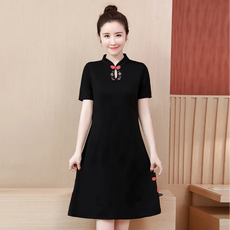 Черное китайское стильное платье-Чонсам размера плюс, элегантное высококачественное винтажное платье Ципао с коротким рукавом и вышивкой - Цвет: black