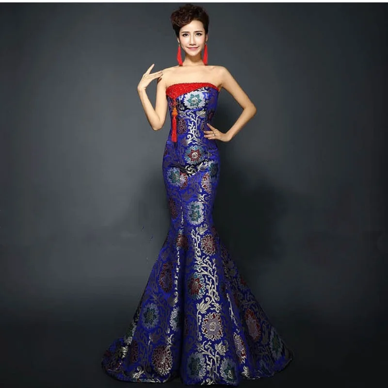 Women's Royal Blue Trailing Strapless Qipao Evening Dress Chinese Traditional  Brocade Long Mermaid Plus Size 3XL  (24)