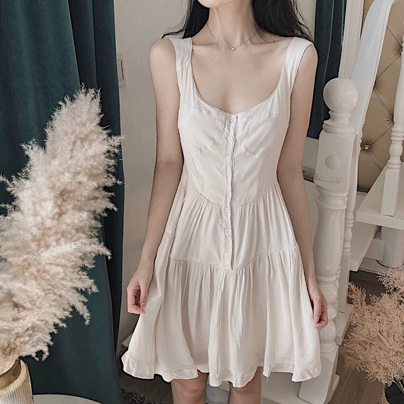 

Fashion Korean Women's Clothing Summer women dress elegant Solid Vintage O-neck Sleeveless Chic Tank Vest Dresses ulzzang New