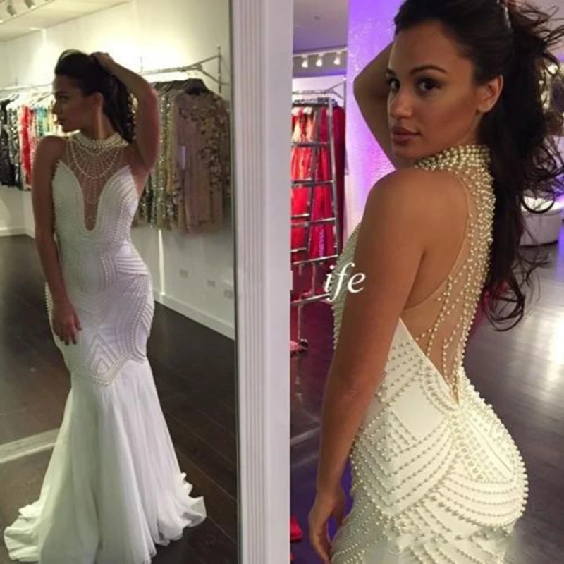 White Evening Dress Long 2019 Mermaid Full Pearls Sexy Backless Prom Dress Formal Party Gown Robe De Soiree Abendkleider