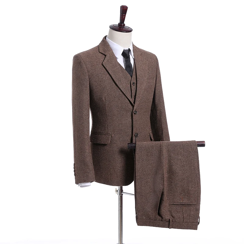 Коричневый твидовый мужской костюм формальный стильный 3 шт.(пиджак+ брюки+ жилет+ галстук) на заказ Slim Fit жениха Trajes De Hombre блейзер