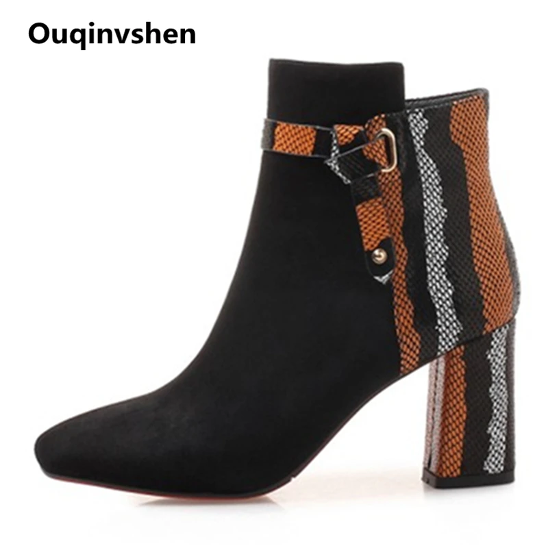 

Ouqinvshen Mixed Colors Buckle Women Winter Boots Pointed Toe Fashion Square Heels High Heels Boots Cow Suede Women Ankle Boots