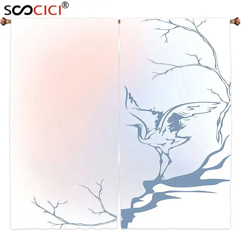

Window Curtains Treatments 2 Panels,Asian Decor Winter Landscape With Crane On Tree Branch Bird Nature Themed Monochrome