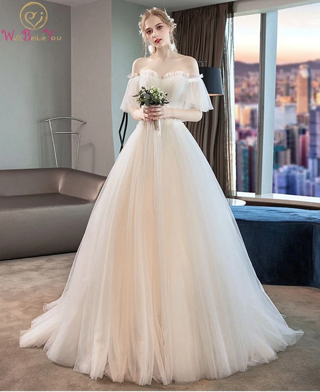

Long Wedding Dress Sweep Train Sweetheart Neck Lace-up Back Off Shoulder Simple Beading Belt Pleat A-line Vestido Bridal Gowns