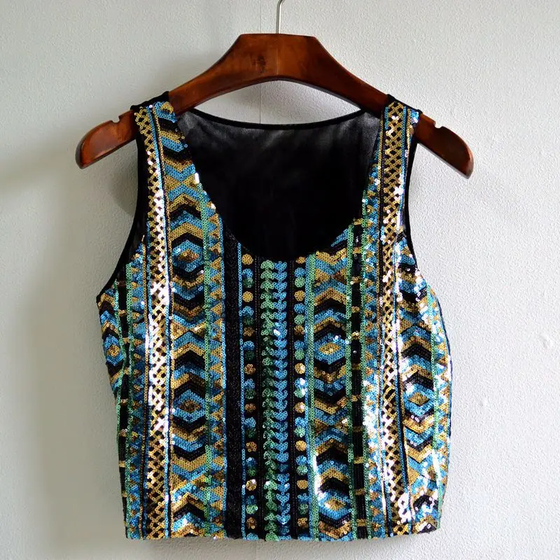 

2018 best selling ethnic embroidery navel sequin vest short ladies sling base