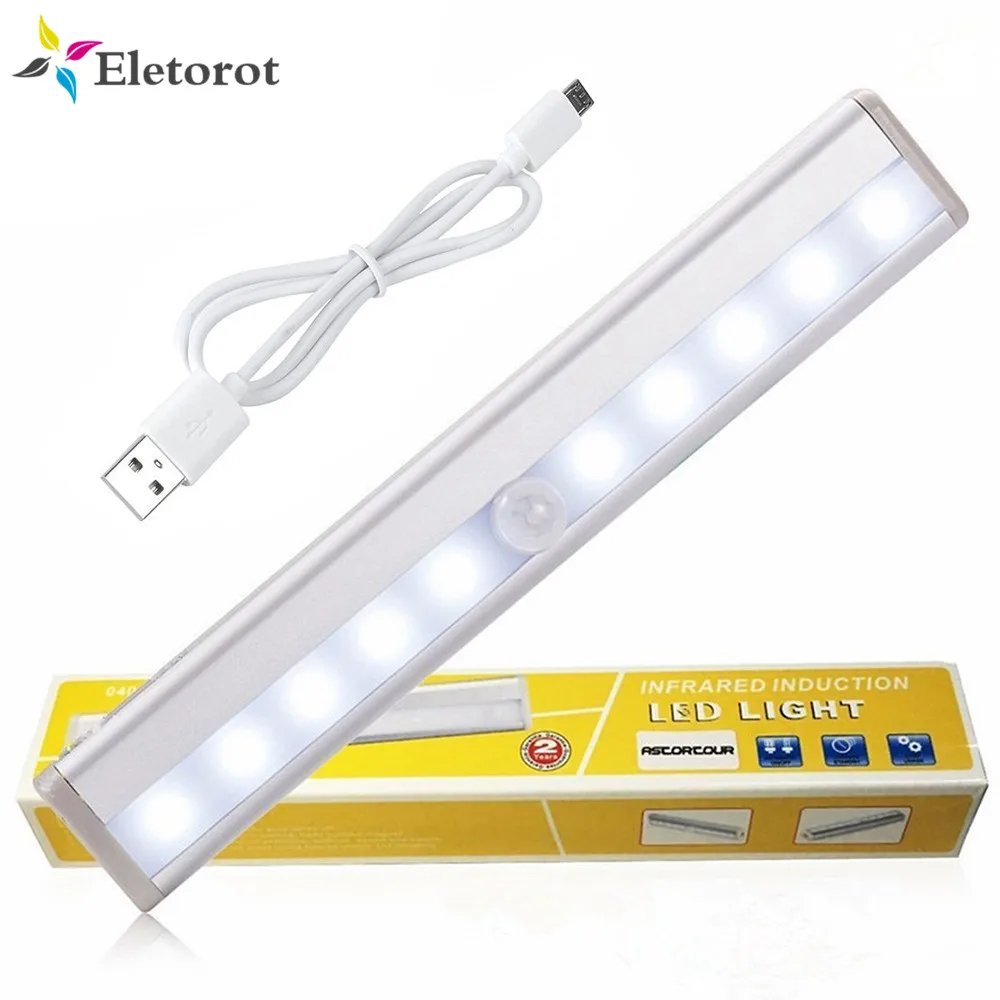 

10*LED Motion Sensor Night Light Rechargeable USB Wireless PIR Bar Light for Closet Hallway Bookcase Wardrobe Under Cabinet Lamp