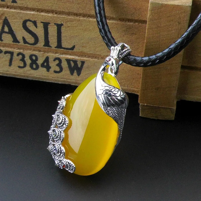 

S925 silver yellow Natural stone Pendant Silver Peacock fashion retro antique Pendant