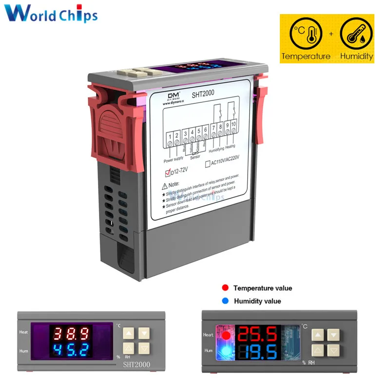 

SHT2000 DC 12-72V / AC 85-230V 10A LED Digital Thermometer Hygrometer SHT20 Temperature Humidity Sensor Humidistat Thermostat