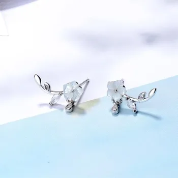 

New Creative Natural Shell Hand Carved 925 Sterling Silver Jewelry Plum Flowers Female Temperament Stud Earrings SE488