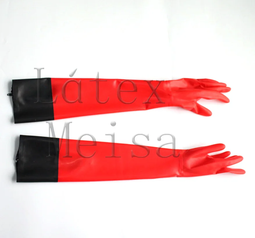 

100% natural lingerie long five finger latex gloves in red color with black trim color attached zipper