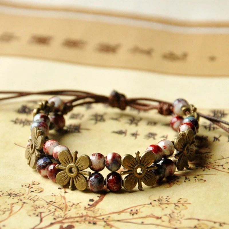 

Bronze Flower Beaded Bracelets Weave Rope Cuff Bangles Ceramic Beads Charm Wristband Women Bohemia Jewelry Adjustable