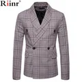 Мужской Блейзер, модный роскошный клетчатый тонкий пиджак, высокое качество, деловой костюм на одной пуговице, Мужская Свадебная одежда