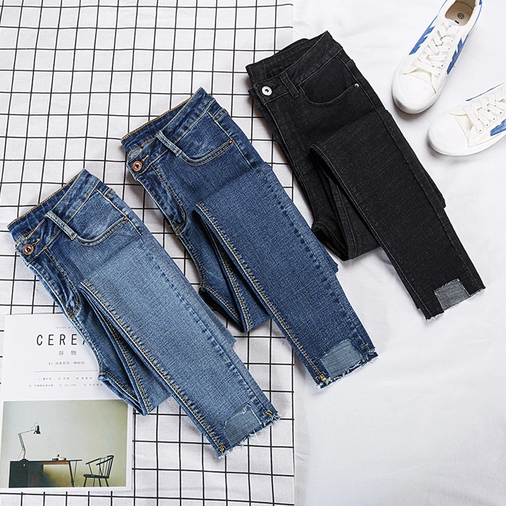 

New Fashion Skinny Woman Jeans Casual Denim Pencil Pants High Waist Stretch Jeans Trousers Black Blue Washed Jeans Female