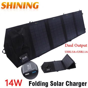 

14W Folding Portable Solar Panel Charger iPower Technology, Dual Output 5V Solar Power Bank Camping Charger Solar Power Pack