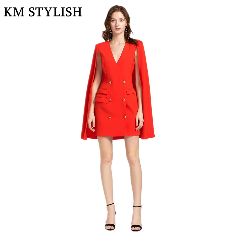 2018 Autumn New Cloak Sleeves Blazer Slim V-neck Red Mini Suit Dress With Pockets Female Dresses