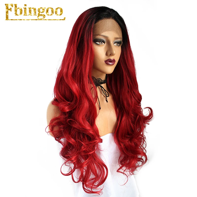 

Ebingoo High Temperature Fiber 360 Frontal Long Body Wave Black Ombre Red Free Part Synthetic Lace Front Wig For Women Party