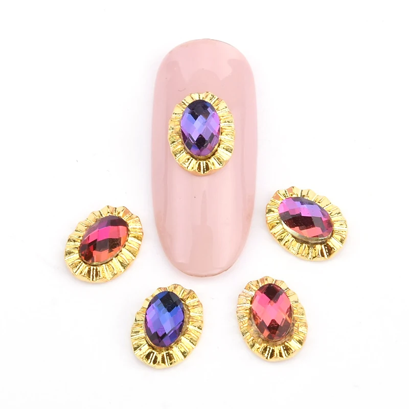 

10pcs Gold alloy crushed egde 3d nail charms glitter oval rhinestones crystal nails studs for nail art decorations Y1054