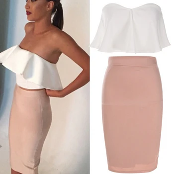 

2019 Women Summer Elegant Two-pieces set Sleeveless Backless Ruffle Crop Tops Solid Sexy Summer Strapless Pack Hip Skirt Set