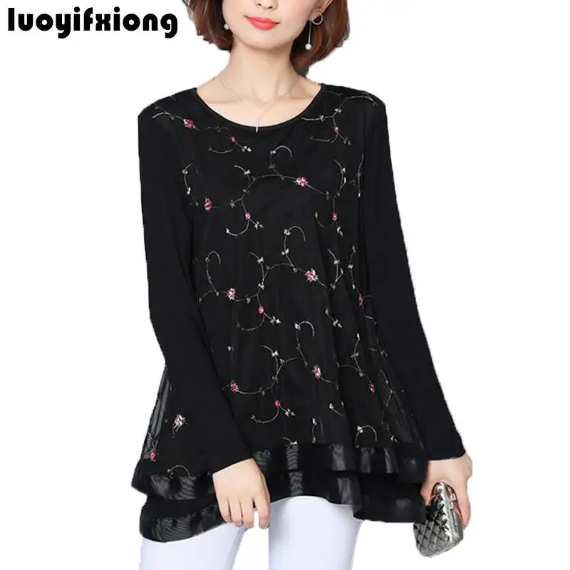 

Women Blouses Shirt 2019 Fashion Chiffon Blouse Lace Flower Embroidery Shirts Long Sleeve Tops Loose Ladies Clothing Blusas 5XL