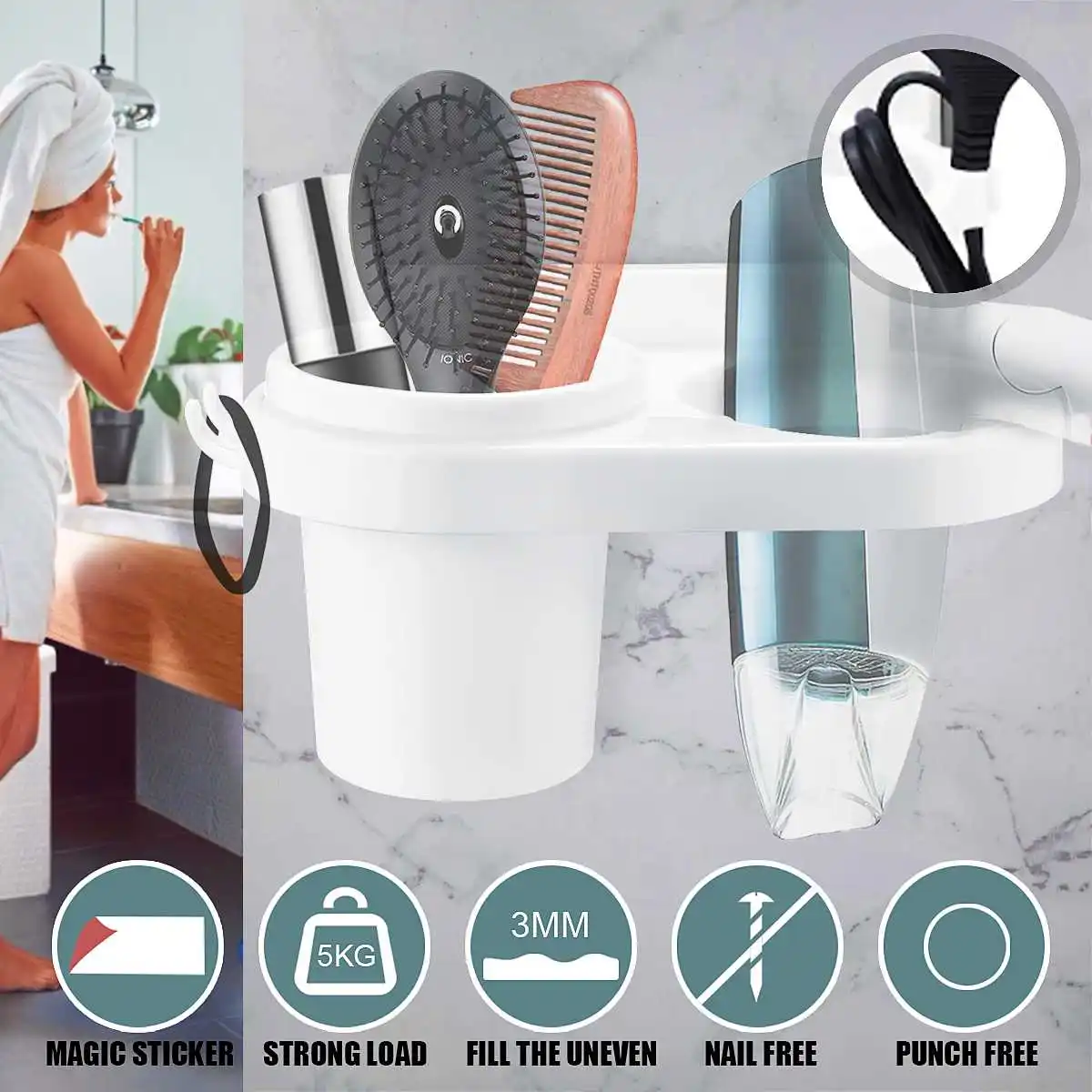 

Hair Dryer Rack Comb Holder Bathroom Storage Organizer Self-adhesive Wall Mounted Stand for Shampoo Straightener