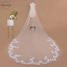 Вуаль для свадьбы 3 м, однослойная свадебная вуаль с гребнем, белая кружевная кромка, свадебная вуаль цвета слоновой кости с аппликацией для собора
