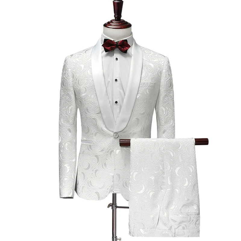 White Floral Suit Men Slim Fit 2 Piece Wedding Dress Suits for Men