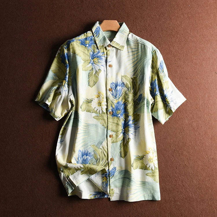

Floral Shirt Men Silk 100% Short Sleeve Plus Size Hawaiian Print Summer Beach Casual Clothes Turn-down Collar XL Luxury Brand